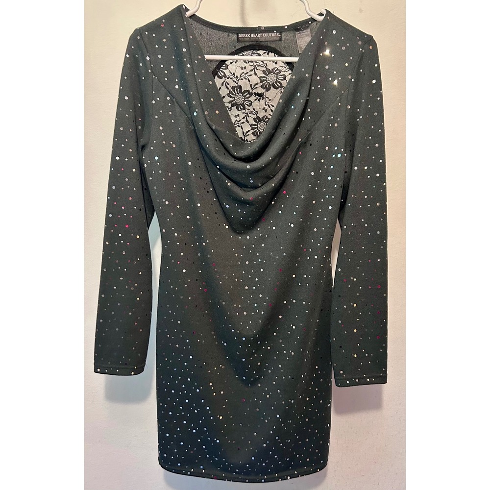 Derek Heart Couture Gray Sequin Cowl Neck Lace Back Mini Dress Long Sleeve L